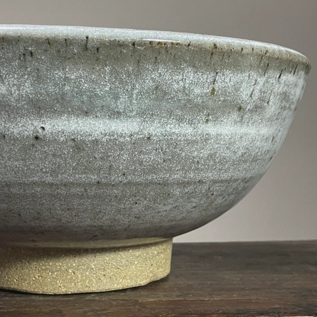 Contemporary 1980s Large Vintage Minimalist Footed Shino Glazed Grayish White Stoneware Bowl For Sale - Image 3 of 8