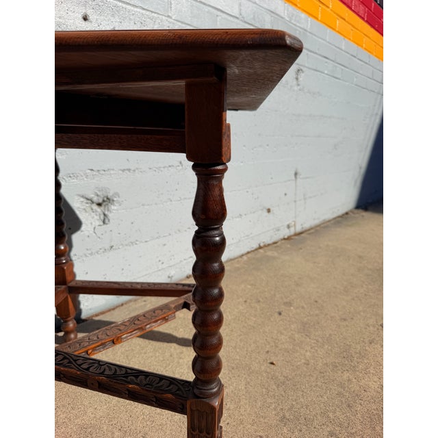 Wood Antique English Carved Oak Folding Side Table – Bobbin Turned Legs For Sale - Image 7 of 7
