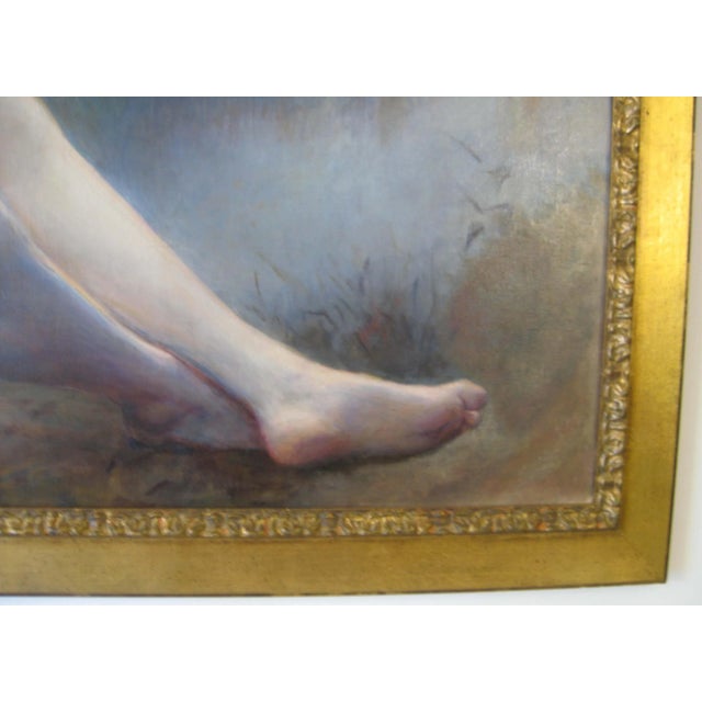 Early 20th Century Antique Nude Sitting by Lake Large Oil Painting, Framed For Sale - Image 4 of 5
