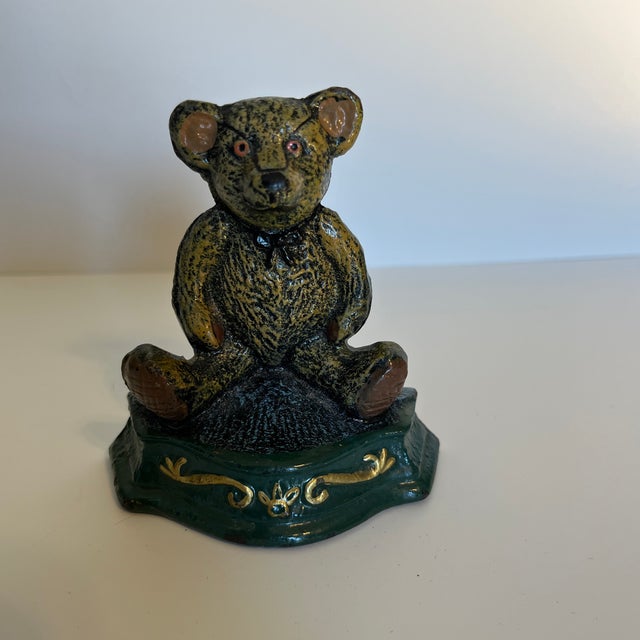Green Mid 20th Century Small Hand Painted Cast Iron Doorstop - Teddy Bear For Sale - Image 8 of 8