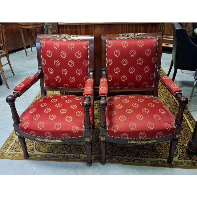 Wood Empire Mahogany Armchairs with Napoleonic Emblems, 19th Century, Set of 2 For Sale - Image 7 of 8