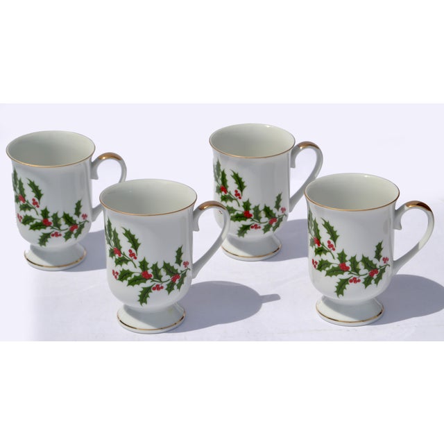 Set 4 Japan Porcelain & Gold Trim Footed Mug Christmas Holly by All the Trimmings For Sale - Image 14 of 16