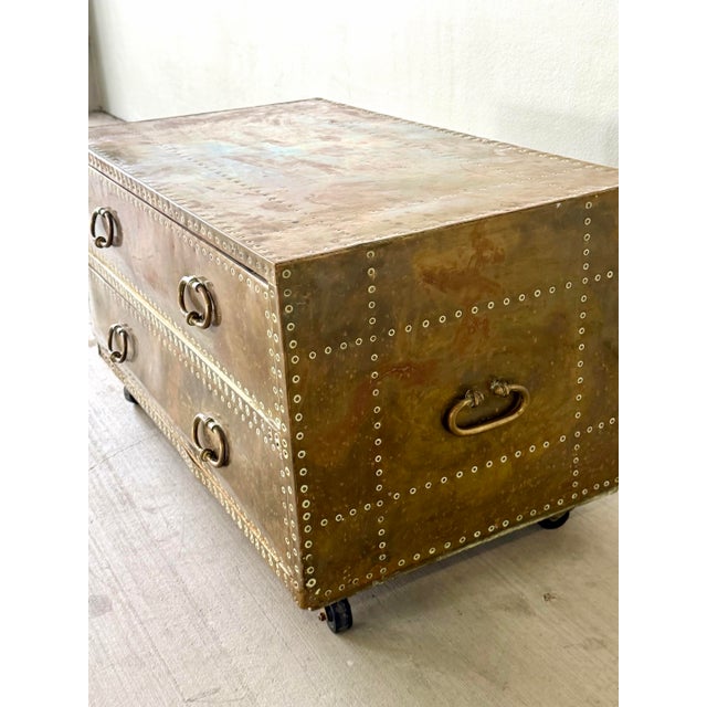 Campaign Vintage Attributed to Sarried Spanish Brass Clad Campaign Chest 2 Drawer. For Sale - Image 3 of 8