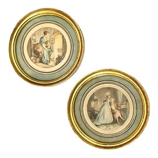 Pair Vintage French Hollywood Regency Gilt Framed Colored Engravings For Sale