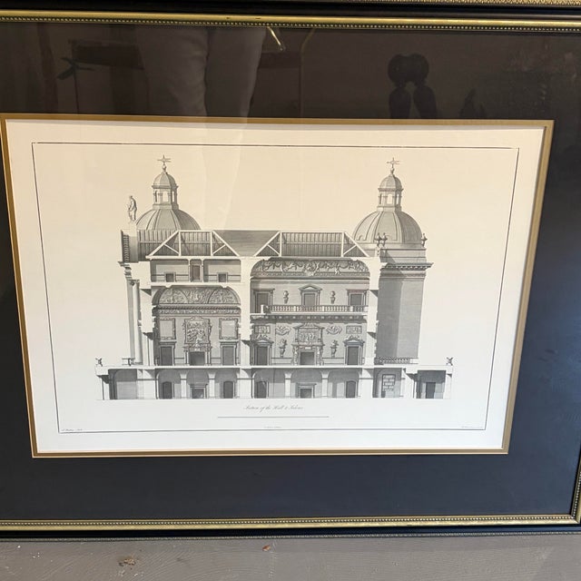 A striking architectural print depicting a highly detailed classical interior elevation titled “Section of the Hall &...