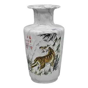 Vintage Large White Carved Marble Painted Tiger Vase Vessel