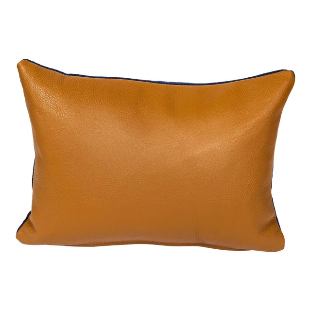 Brown Leather + Blue Felt Pillow For Sale