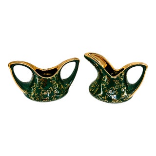 Vintage Pearl China Co Green & 22k Gold Hand Decorated Sugar & Creamer Set, Mid-Century Hollywood Regency Usa For Sale