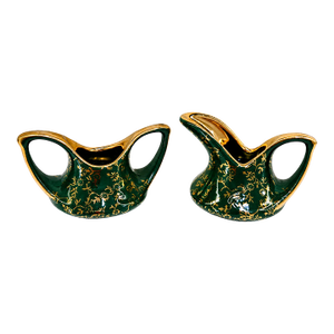 Vintage Pearl China Co Green & 22k Gold Hand Decorated Sugar & Creamer Set, Mid-Century Hollywood Regency Usa