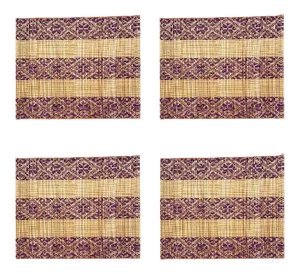 Woven Fiber Purple Floral Motif Placemats - Set of Four