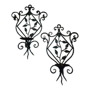 Vintage Pair of Large Twisted Iron Wall Mount Candle Holders