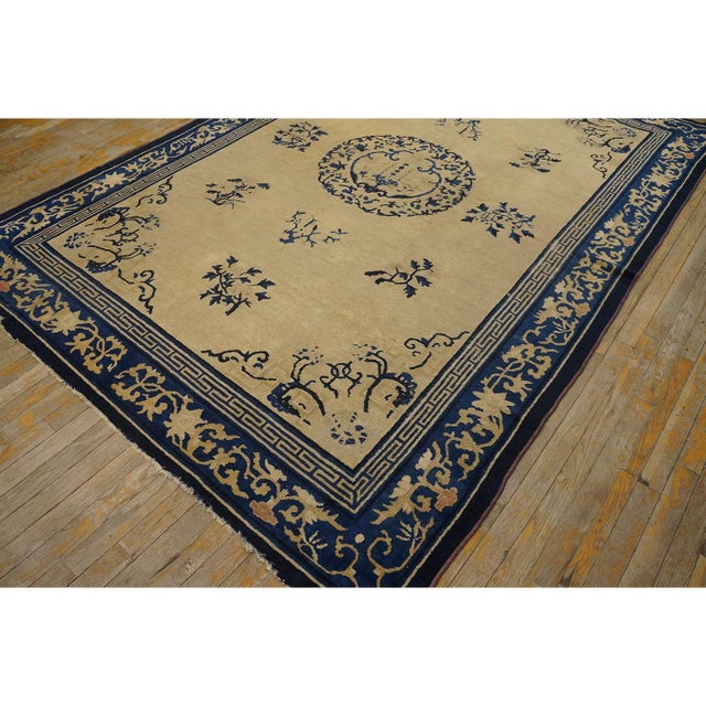 1920s 1920s Beige Medallion Greek Key Antique Chinese Peking Knotted Rug 6'2" X 8'8" For Sale - Image 5 of 8