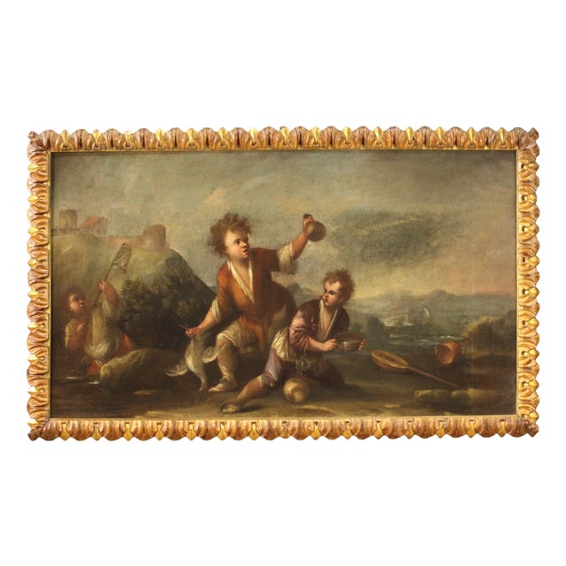 Italian Artist, Landscape with Children, 1730s, Oil on Canvas, Framed For Sale