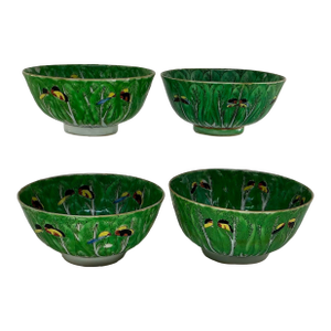 Set of 4 Antique Chinese Export Porcelain Famille Vert”box Choyleaf” Pattern Rice or Soup Bowls