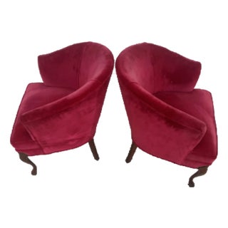 Pair of Red Velvet Vintage Tub Chairs For Sale