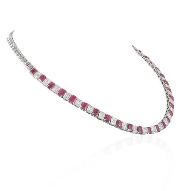 Contemporary 14.8ct Octagon Ruby & 2.46ct Diamond Statement Tennis Necklace in 18k White Gold For Sale - Image 3 of 12