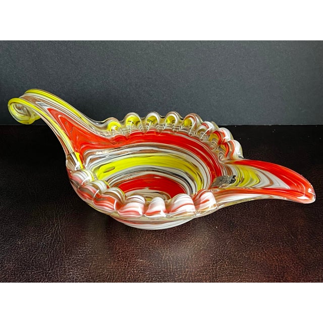 Charming Fratelli Toso Venetian / Murano glass candy dish with spout and handle. This artistically designed, intricate art...