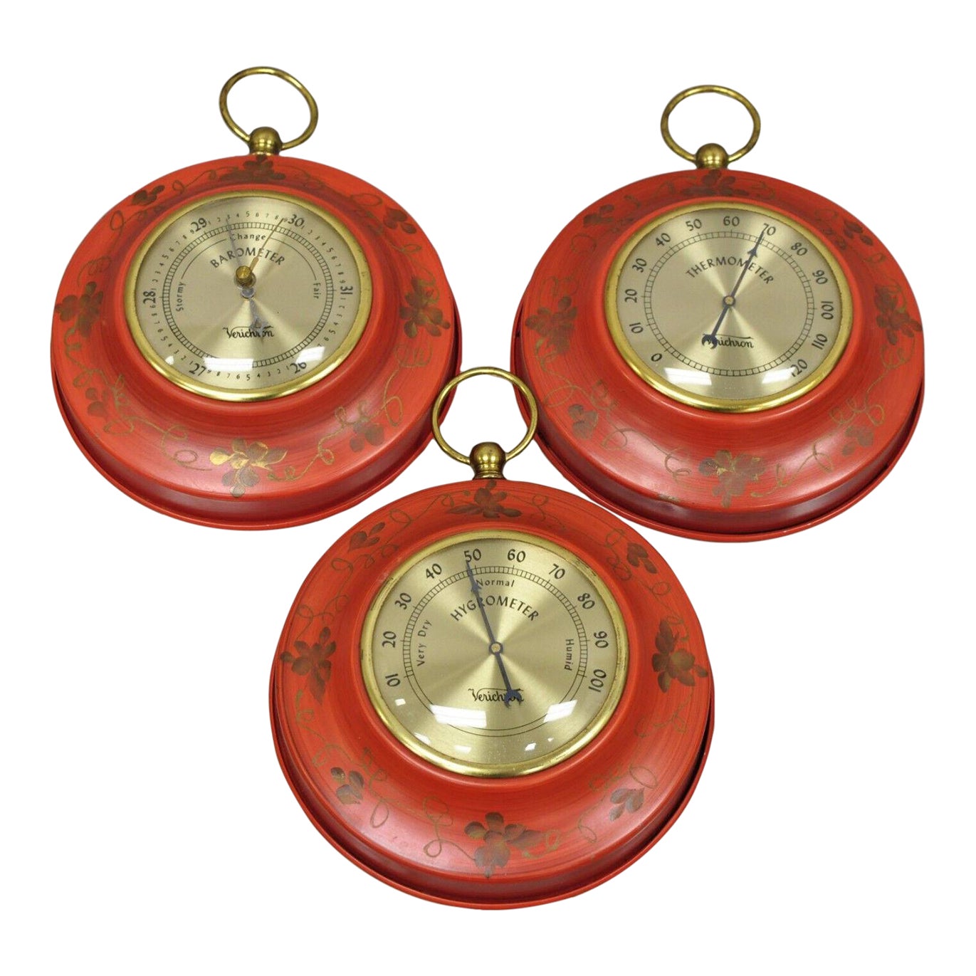 Vintage Verichron Red Tole Metal Barometer Hygrometer Thermometer 3