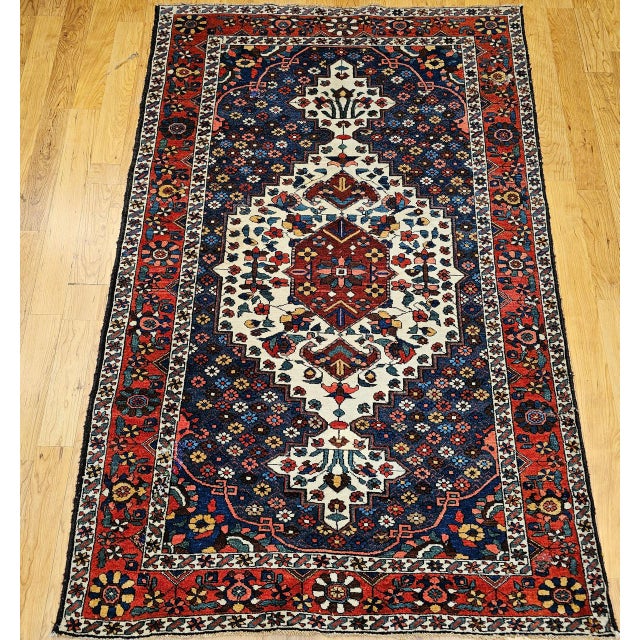 Vintage Persian Bakhtiari Bibibaft Rug, Hand-Knotted Wool, Geometric Medallion Design, Vegetable Dyes, Navy & Red, 5x7 For Sale - Image 11 of 18
