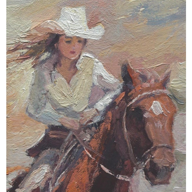 Original oil portrait by Sean Wu, A female rider galloping on horseback.