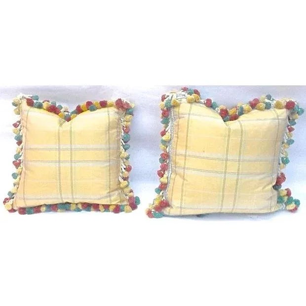Vintage, Pair of vintage yellow plaid silk and tassel pillows. Thin and delicate plaid pattern with yellow background on...