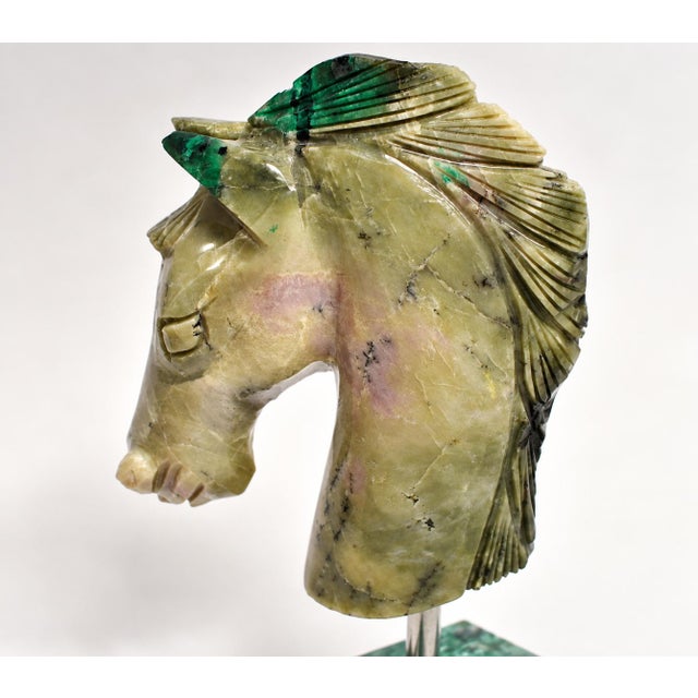Gemstone Emerald Horse Bust Sculpture Full Emerald Base Hand Carved For Sale - Image 13 of 14