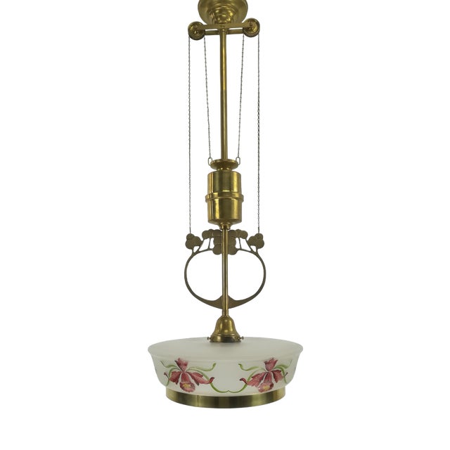 Adjustable Chandelier with Hand Painted Glass Shade from Vienna, 1920s For Sale
