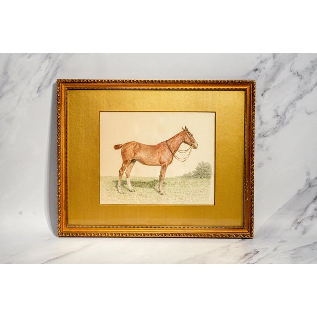 Gold Rare Pair Antique English Horse Portraits on Silk Hand Painted Equestrian Sporting Art Home Decor For Sale - Image 8 of 17