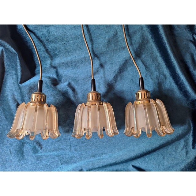 Mid-Century Modern Pendant Lights in Brass and Amber-Colored Frosted Glass from Doria, Set of 3 For Sale - Image 14 of 15