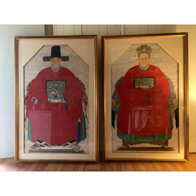 Red Chinoiserie Emperor and Empress Framed Painted Scrolls, Early 20th Century - Set of 2 For Sale - Image 8 of 12