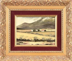 Derek Quann Small Oil Painting of Cottages in the Mournes in Ireland by Contemporary Artist, 1985
