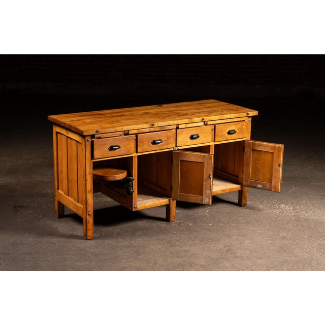 Brown Early 20th Century Walnut Industrial Workbench With Swing-Out Stools For Sale - Image 8 of 18