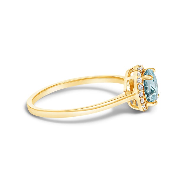 Contemporary 10K Yellow Gold Blue Aquamarine and 1/10 Cttw Diamond Halo Ring, Size 6.5 For Sale - Image 3 of 7