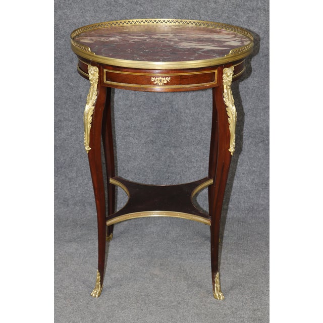 French Louis XV 1870s Era Marble Top Bronze Mounted Mahogany Round End by Millet For Sale In Philadelphia - Image 6 of 16