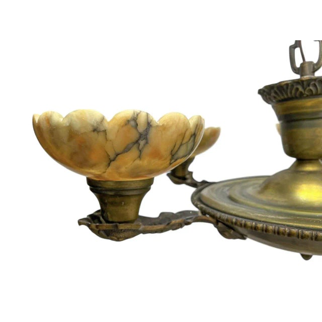 Metal Art Deco Brass and Alabaster Pendant Chandelier, 1930s For Sale - Image 7 of 12