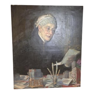Antique 1903 Oil Portrait Painting Elderly Woman Reading Letter 25” X 30” For Sale