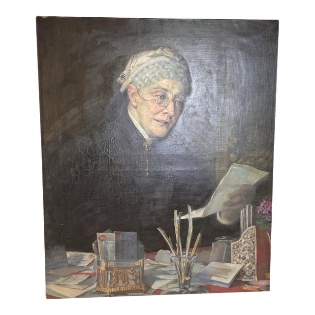 Antique 1903 Oil Portrait Painting Elderly Woman Reading Letter 25” X 30” For Sale