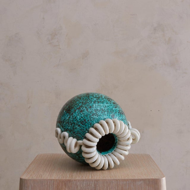 Art Deco French Turquoise Ceramic Vase by Gustave Asch, 1940s For Sale - Image 3 of 18
