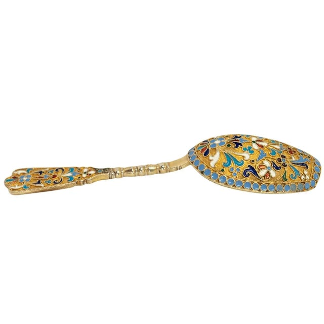 Victorian Antique Imperial Russian Silver Gilt Cloisonne Tea Caddy Spoon Moscow 1880 For Sale - Image 3 of 12