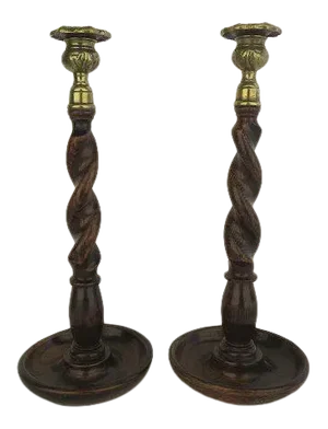 Late 19th Century English Barley Twist Candlesticks with Cast Brass Nozzels - a Pair