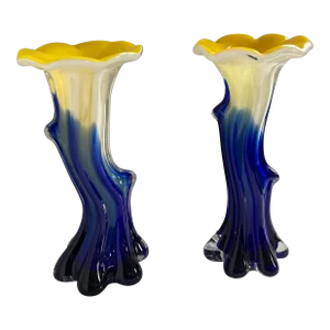 1970s Vintage Murano Attributed Jack in the Pulpit Art Glass Vases- Set of 2
