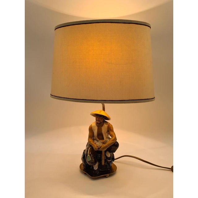 Black Ceramic Table Lamp with Fisherman Figurine, 1960s-1970s For Sale - Image 8 of 16