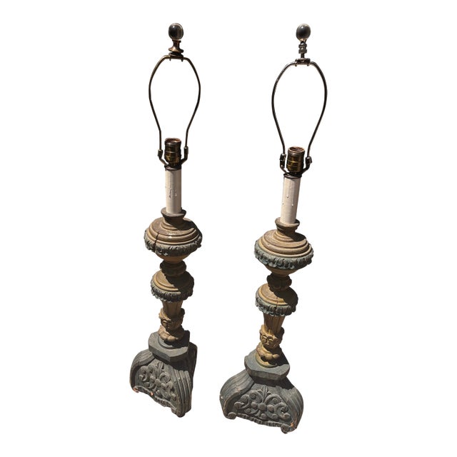 Antique Asian Wooden Table Lamps - a Pair For Sale