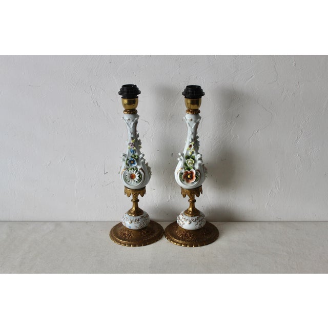 Italian Hand Made Porcelain Brass Flower Table LampsVintage FBAI- a pair. Gorgeous table lamps individually hand made. In...