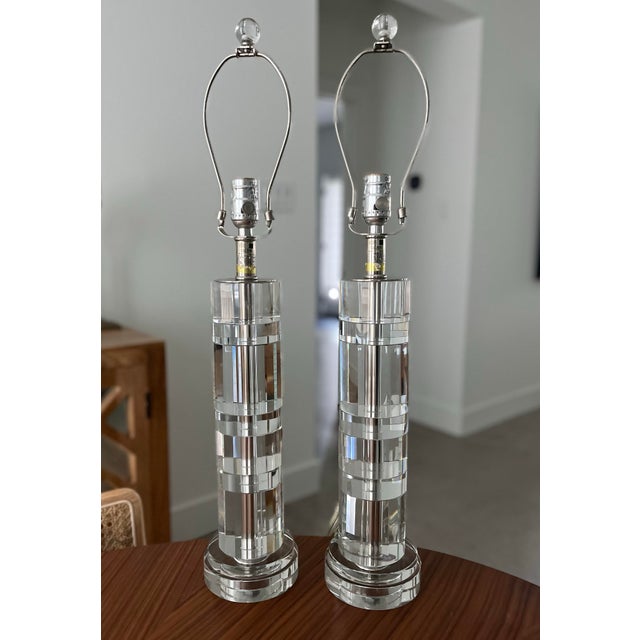 Art Deco Ralph Lauren Crystal Column Table Lamps and Shades- A Pair For Sale - Image 3 of 8
