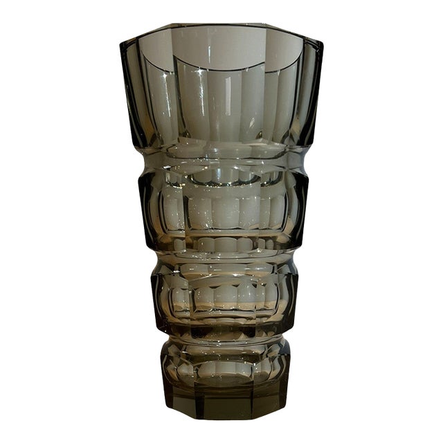 Vintage Art Deco Faceted Octagonal Crystal Vase Smokey Topaz/Gray Attributed to Josef Hoffmann for Moser For Sale