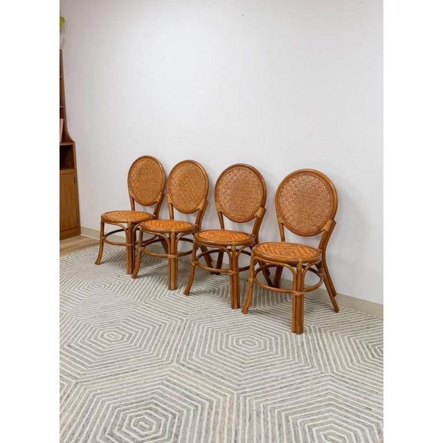 Wood Late 20th Century Cane Rattan Round Dining Chair Set Four Cushion Coastal Hollywood Regency For Sale - Image 7 of 10