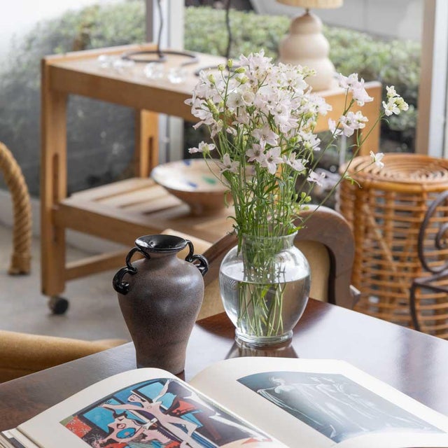 Vintage Italian Scavo vase in a beautiful amphora shape from the 1960s. Made of frosted dark purple glass with glass...