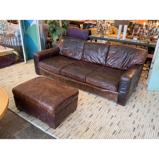 Restoration Hardware Restoration Hardware Maxwell Brompton Leather Ottoman, Cocoa For Sale - Image 4 of 12