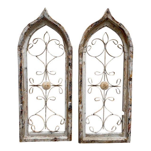 Vintage Set of Two Wall Decor Arched Cathedral Church Windows For Sale